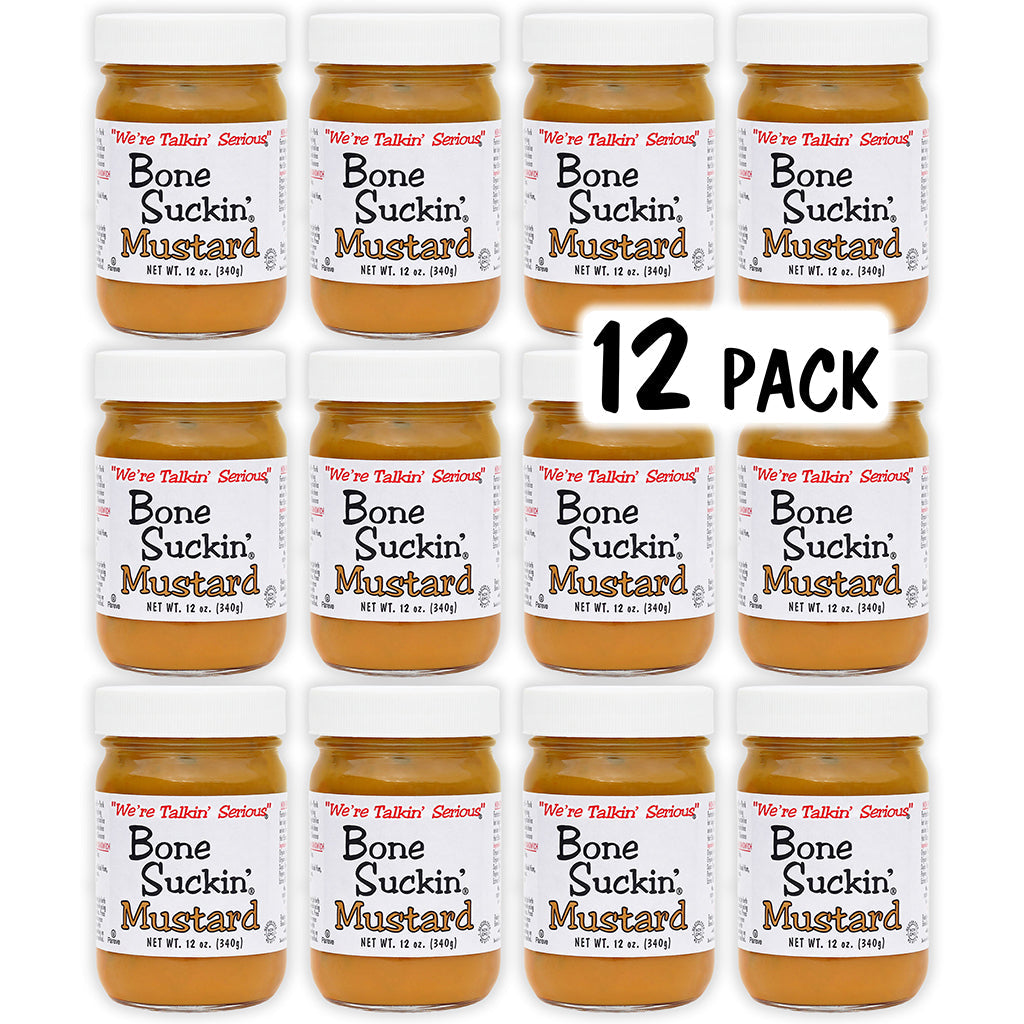 Bone Suckin'® Salmon Mustard Sauce - Bone Suckin' Mustard, 12 oz in Glass Bottle - Gourmet Mustard, Sweet & Tangy With Creamy Texture, Gluten-Free, Non-GMO, No HFCS, Kosher, Perfect for Hot Dogs, Brats, Sandwiches, Cheese, Seafood, 12 jars