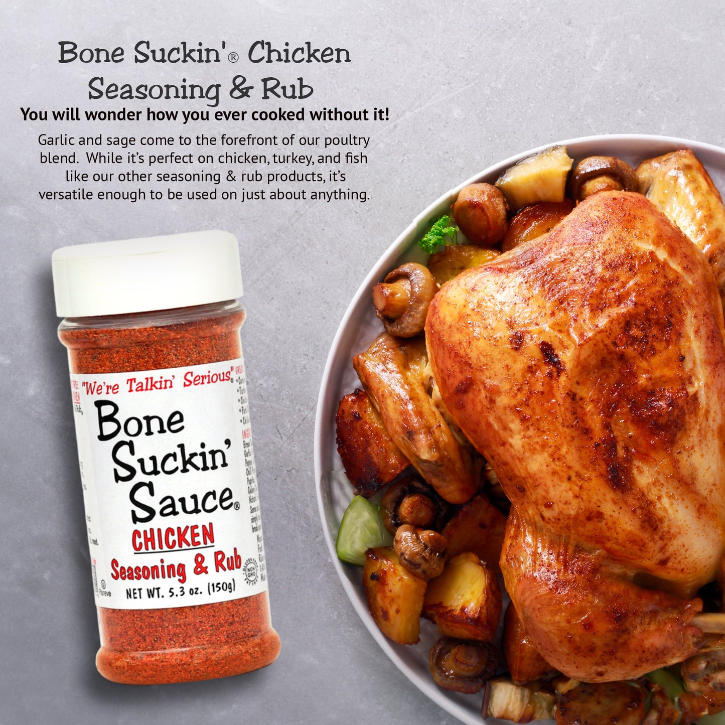 Bone Suckin' Chicken Seasoning & Rub - 12/5.3oz - with Garlic & Sage - Perfect for Chicken, Turkey, Other Poultry, Fish - Brown Sugar, Garlic, Onion, Spices - Non-GMO, Gluten-Free, Fat-Free, Kosher, Pareve, No MSG!