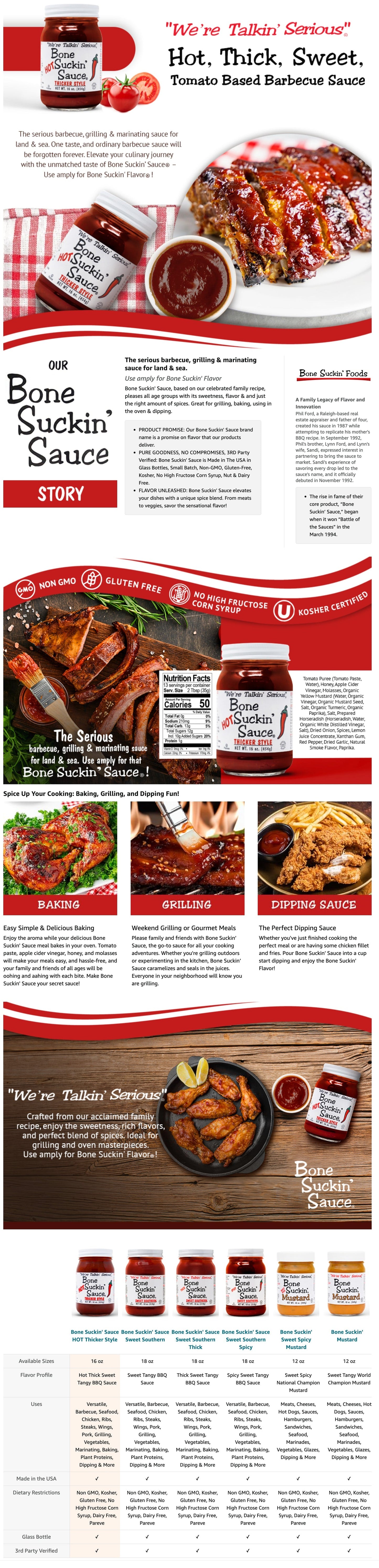 Love the flavor of Spicy Bone Suckin' Sauce®, but want something that will really stick to your ribs? We are pleased to offer our Bone Suckin' Spicy Thick Sweet Southern Sauce®. Elevate your barbecue experience with our sweet, tangy, tomato-based Barbecue Sauce, Bone Suckin' Sauce®. This thicker, spicier version of Bone Suckin' Sauce® delivers a one-of-a-kind blend of hot, tangy & sweet flavors. Ideal for marinating meats from land & sea.