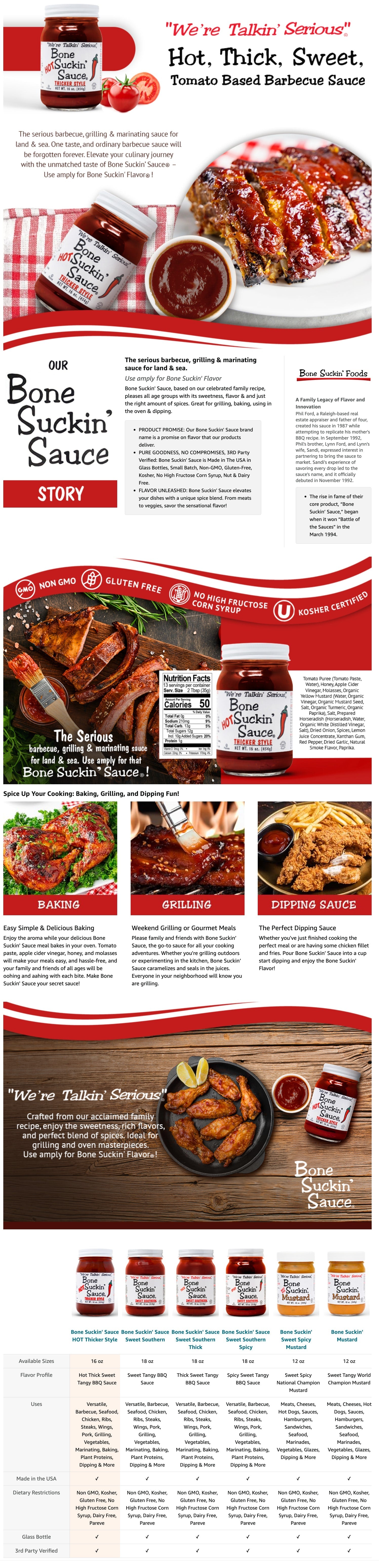 Love the flavor of Spicy Bone Suckin' Sauce®, but want something that will really stick to your ribs? We are pleased to offer our Bone Suckin' Spicy Thick Sweet Southern Sauce®. Elevate your barbecue experience with our sweet, tangy, tomato-based Barbecue Sauce, Bone Suckin' Sauce®. This thicker, spicier version of Bone Suckin' Sauce® delivers a one-of-a-kind blend of hot, tangy & sweet flavors. Ideal for marinating meats from land & sea.