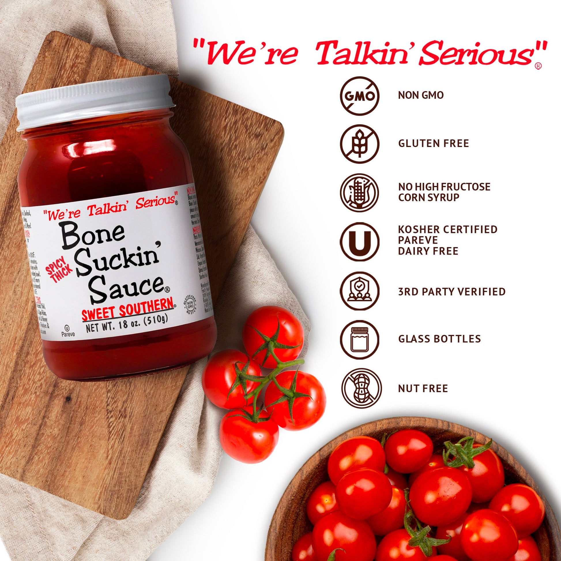 Love the flavor of Spicy Bone Suckin' Sauce®, but want something that will really stick to your ribs? We are pleased to offer our Bone Suckin' Spicy Thick Sweet Southern Sauce®. Elevate your barbecue experience with our sweet, tangy, tomato-based Barbecue Sauce, Bone Suckin' Sauce®. This thicker, spicier version of Bone Suckin' Sauce® delivers a one-of-a-kind blend of hot, tangy & sweet flavors. Ideal for marinating meats from land & sea.