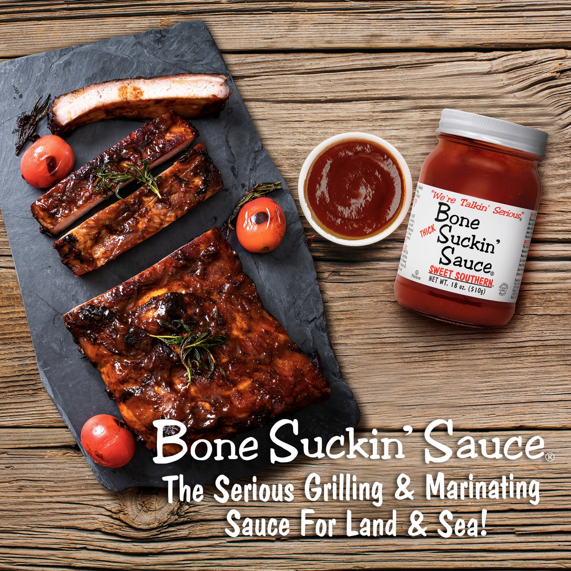 Bone Suckin' Sauce®, Sweet Southern® Thick, 18 oz. Love the flavor of Bone Suckin’ Sauce®, but want something that will really stick to your ribs? We are pleased to offer our Sweet Southern® Thick in a 18 oz. jar. Gluten free Bone Suckin' Sauces are the ONLY barbecue sauces rated #1 by Newsweek, Food & Wine and many others. Rated "5 out of 5" by BBQ Sauce Reviews