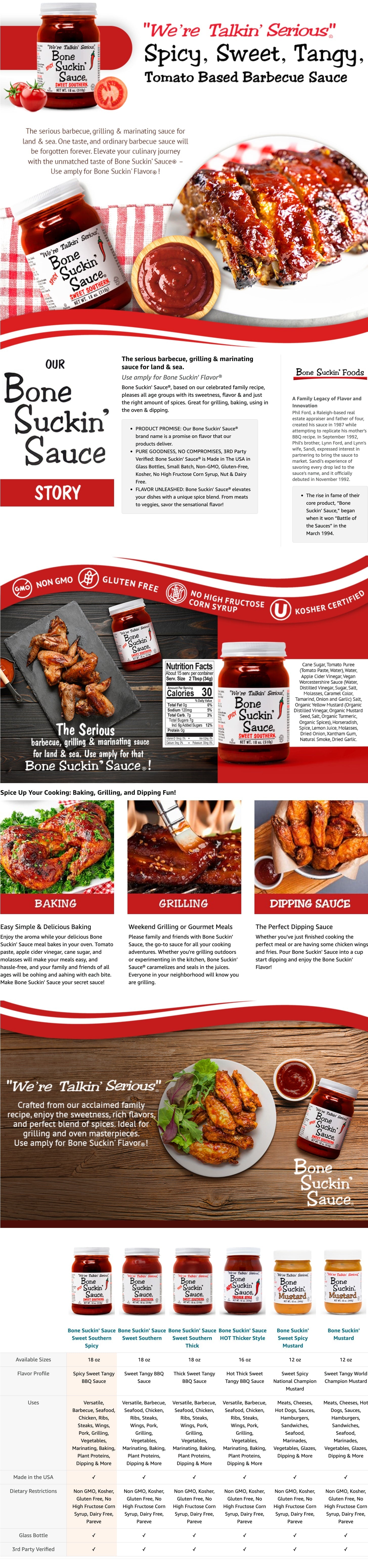 Bone Suckin' Sauce Sweet Southern Spicy BBQ Sauce - 18 oz in Glass Bottle, For Ribs, Chicken, Pork, Beef - Gluten-Free, Non-GMO, Kosher, Spicy Barbecue Sauce Sweetened with Cane Sugar & Molasses.