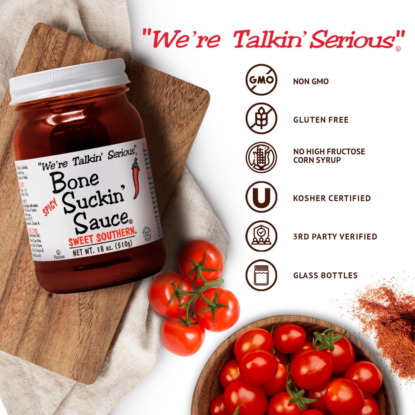 Bone Suckin' Sauce Sweet Southern Spicy BBQ Sauce - 18 oz . NON GMO, GLUTEN FREE, NO HIGH FRUCTOSE CORN SYRUP, KOSHER CERTIFIED, THIRD PARTY VERIFIED, GLASS BOTTLES.