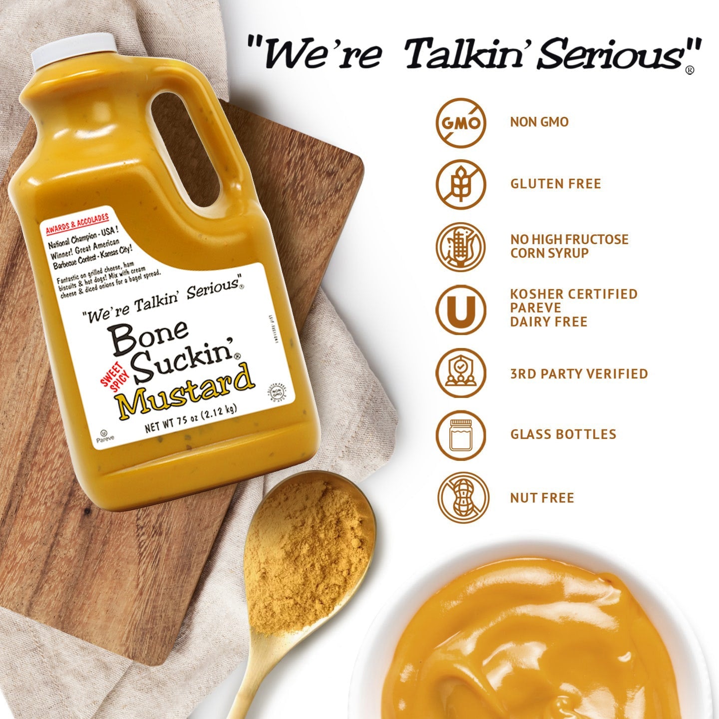 Bone Suckin' Mustard 75 oz., Non GMO, Gluten Free, No high fructose corn syrup, Kosher Certified, Pareve, Dairy free, 3rd Party Verified, glass bottles, nut free