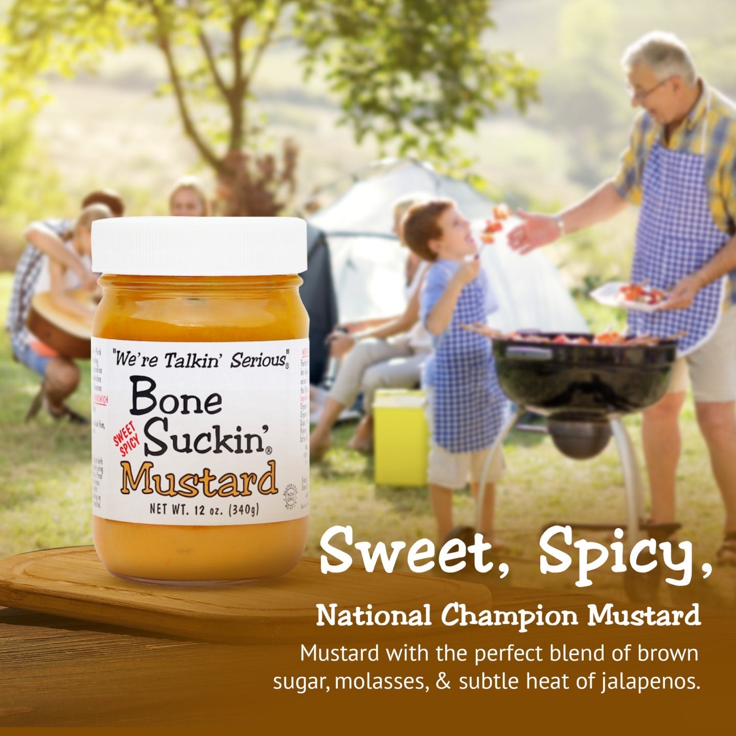 Bone Suckin'® Sweet Spicy Mustard 12 oz., Wins The National Championship! is the perfect blend of Brown Sugar, Molasses, & Jalapeno subtle heat. This medium heat mustard is perfect for grilling, dipping, and even with a spoon. Fantastic on ham biscuits, grilled cheese & dogs! Mix with cream cheese & diced onions for bagel spread. 1st Place Winner - Great American Barbecue Contest Kansas City!