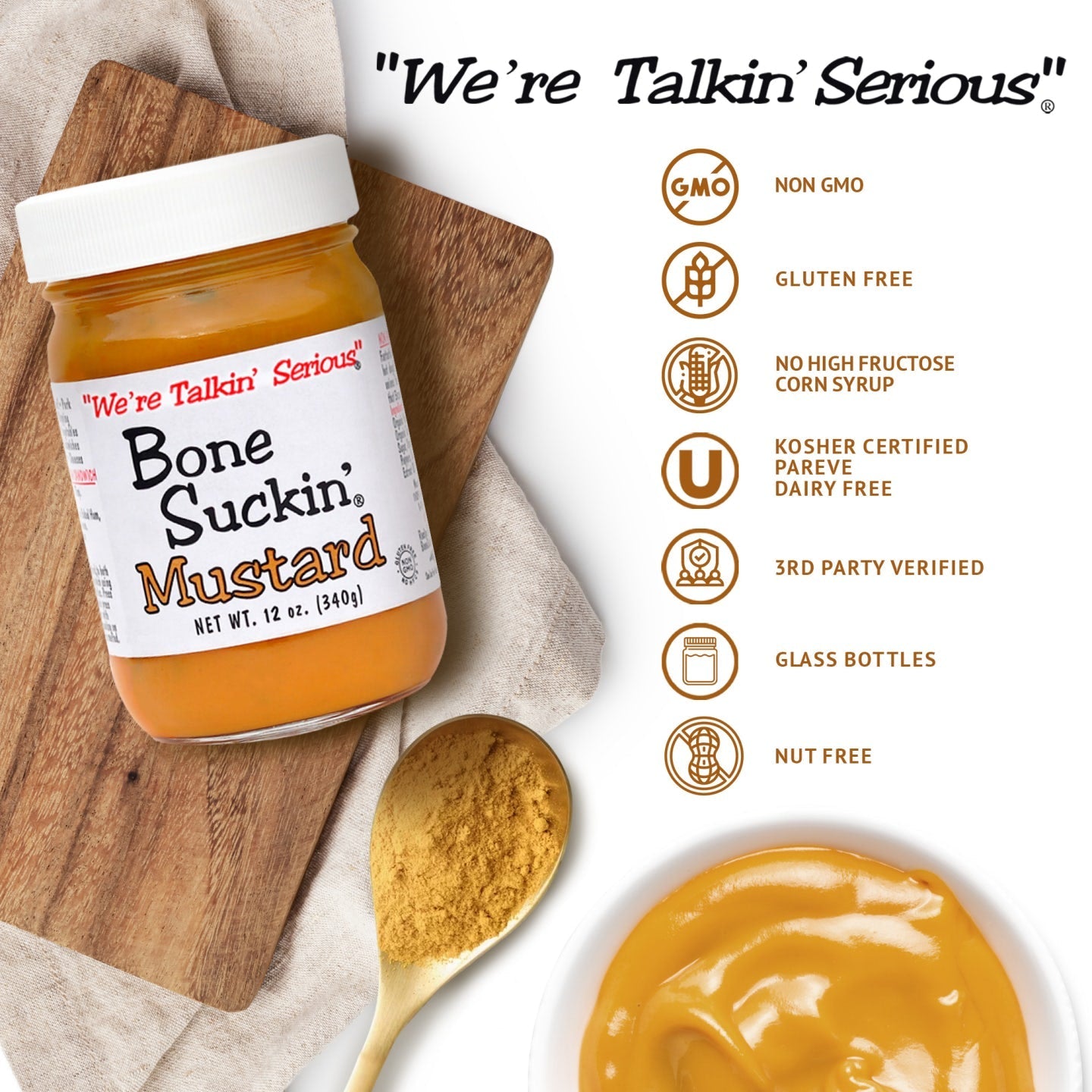 Bone Suckin' Mustard, 12 oz in Glass Bottle - Gourmet Mustard, Sweet & Tangy With Creamy Texture, Gluten-Free, Non-GMO, No HFCS, Kosher, Perfect for Hot Dogs, Brats, Sandwiches, Cheese, Seafood, 1 Bottle