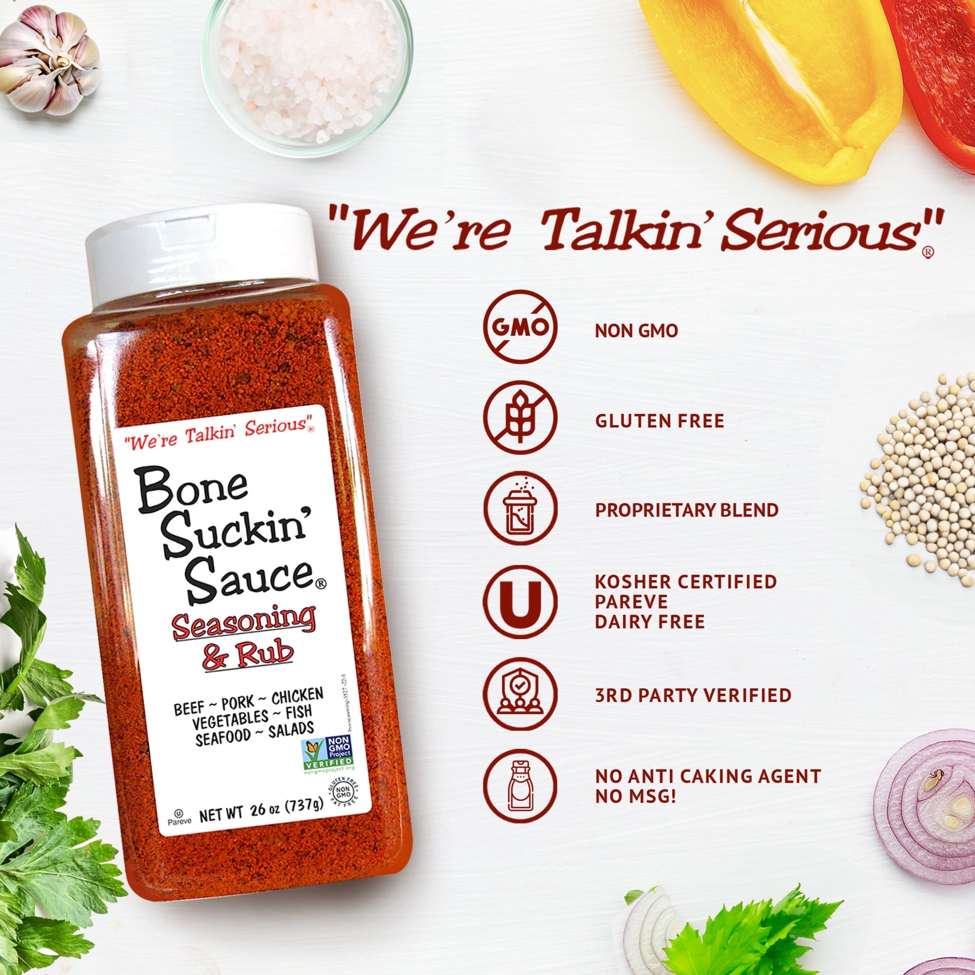 Bone Suckin’® Seasoning & Rub, 26 oz.  NON GMO, GLUTEN FREE, PROPRIETARY BLEND, KOSHER CERTIFIED, PAREVE, DAIRY FREE, THIRD PARTY VERIFIED, NO ANTI CAKING AGENT, NO MSG.