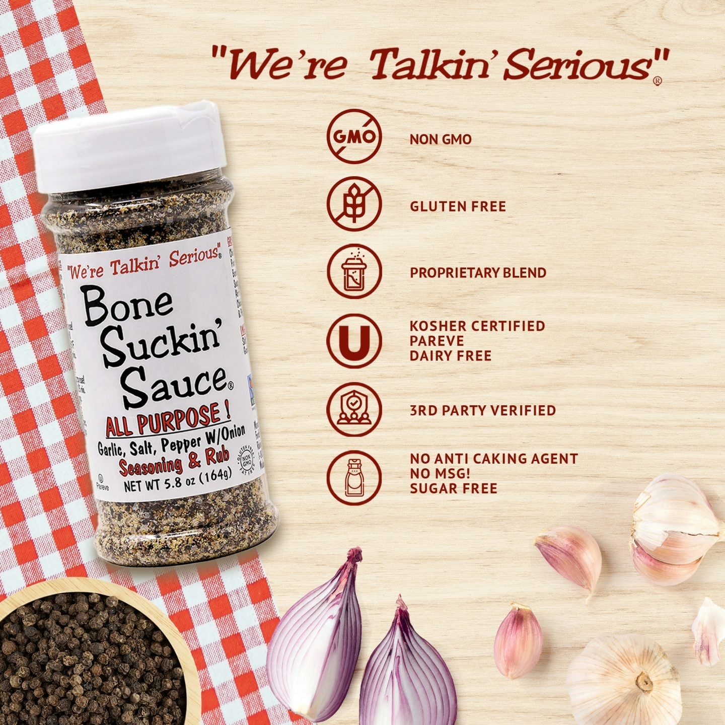 Bone Suckin' All Purpose Seasoning & Rub 5.8 oz, Zero Calorie, Sugar Free, Gluten Free, Non GMO, Kosher, Garlic, Salt, Pepper & Onion, For Pork, Beef, Chicken, Seafood, Pasta, Veggies! No MSG!