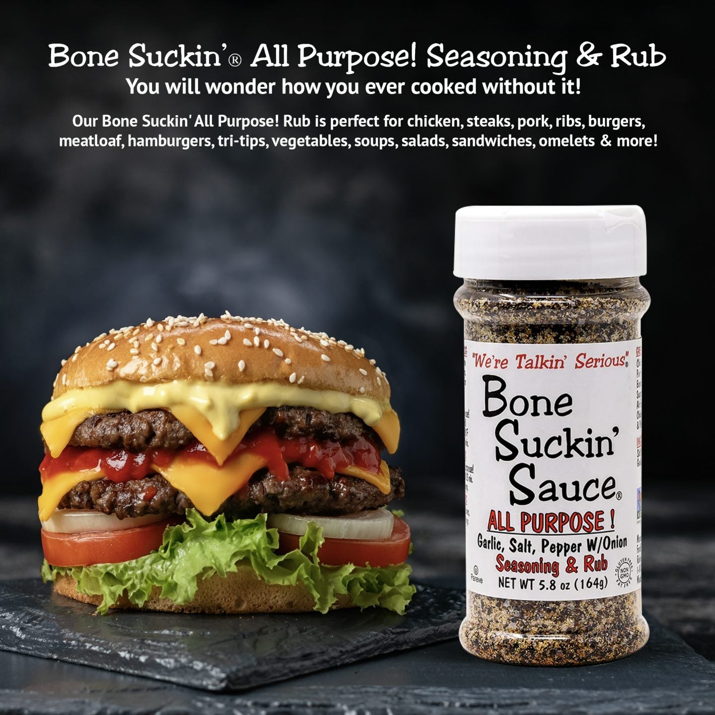 Bone Suckin' All Purpose Seasoning & Rub 5.8 oz, Zero Calorie, Sugar Free, Gluten Free, Non GMO, Kosher, Garlic, Salt, Pepper & Onion, For Pork, Beef, Chicken, Seafood, Pasta, Veggies! No MSG!