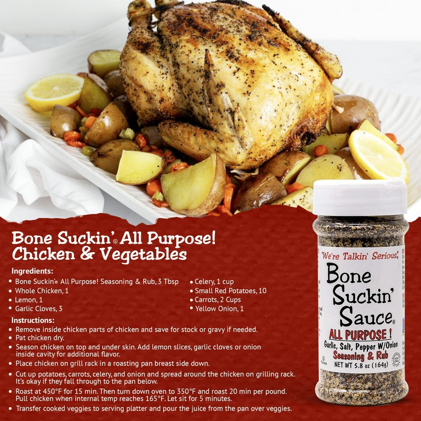 Bone Suckin' All Purpose Seasoning & Rub 5.8 oz, Zero Calorie, Sugar Free, Gluten Free, Non GMO, Kosher, Garlic, Salt, Pepper & Onion, For Pork, Beef, Chicken, Seafood, Pasta, Veggies! No MSG!