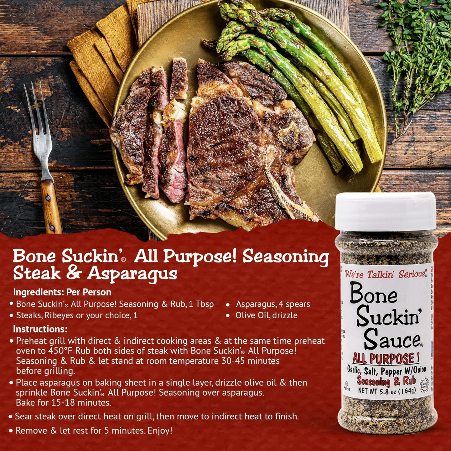 Bone Suckin' All Purpose Seasoning & Rub 5.8 oz, Zero Calorie, Sugar Free, Gluten Free, Non GMO, Kosher, Garlic, Salt, Pepper & Onion, For Pork, Beef, Chicken, Seafood, Pasta, Veggies! No MSG!