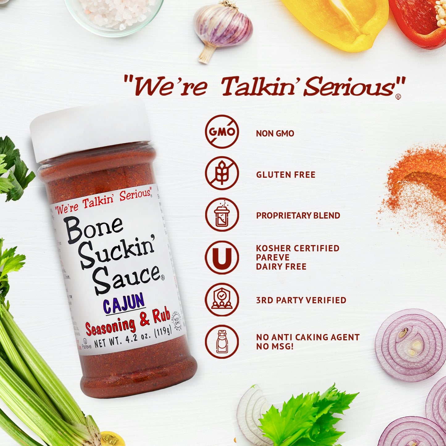 Bone Suckin Cajun Seasoning & Rub, 4.2 oz. NON GMO, GLUTEN FREE, PROPRIETARY BLEND, KOSHER CERTIFIED, PAREVE, DAIRY FREE, THIRD PARTY VERIFIED, NO ANTI CAKING AGENT, NO MSG.