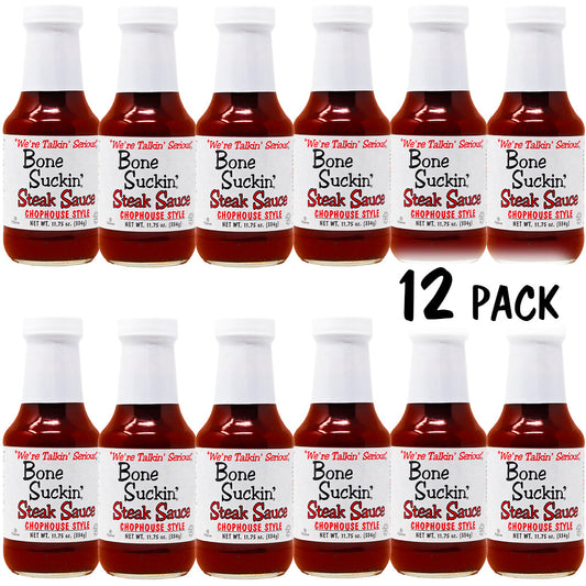 Bone Suckin'® Steak Sauce, Chophouse Style 12 pack - Bone Suckin' Steak Sauce, 11.75 oz Glass Bottle, For Steaks, Burgers, Meatloaf, Pork Chops & Chicken - Tangy, Savory, Light Smoke Flavor With Bits Of Onion & Garlic - Gluten Free, Non-GMO, Kosher, 12 Pc