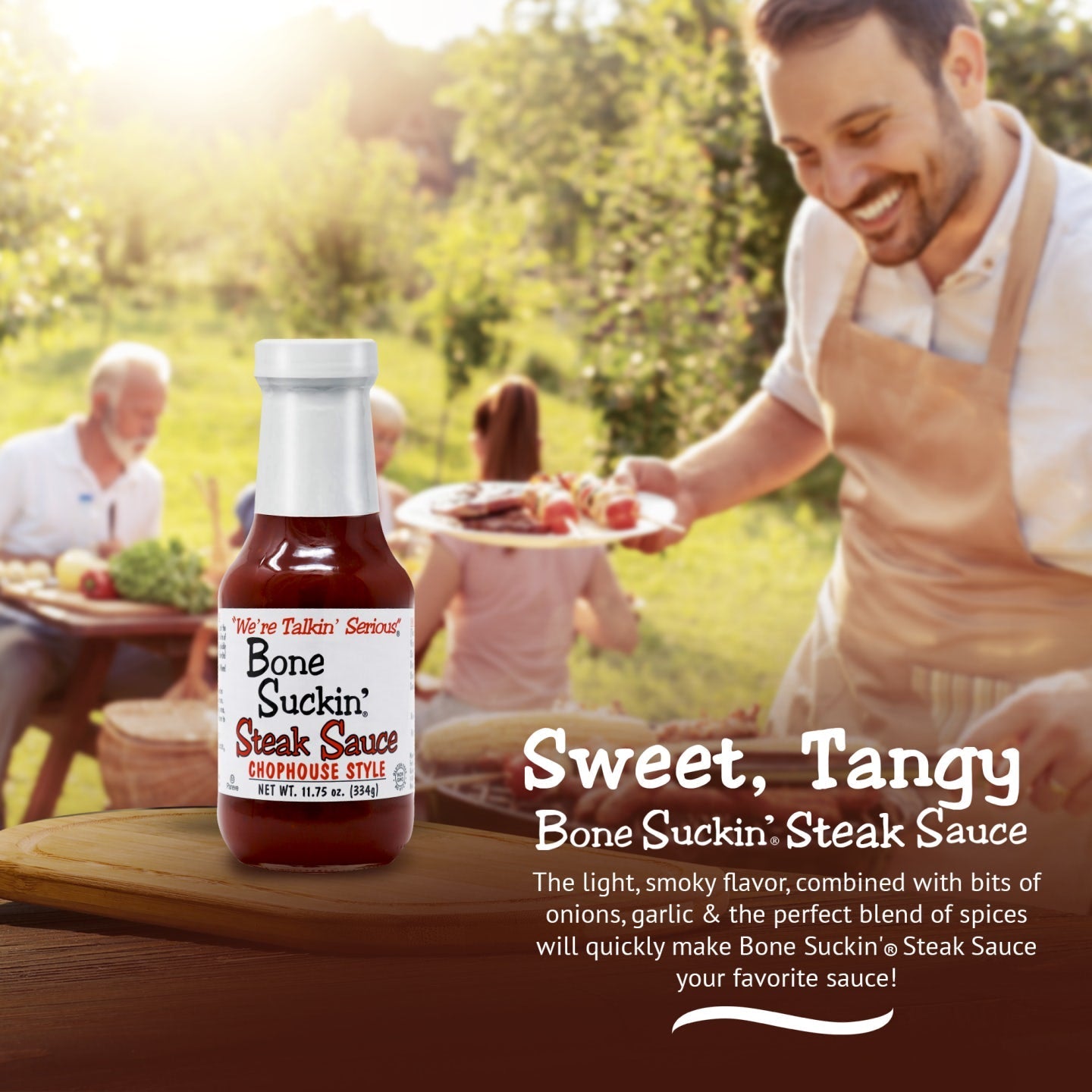 Bone Suckin'® Steak Sauce, Chophouse Style, 11.75 oz. Label, Recipe - Bone Suckin' Steak Sauce, 11.75 oz Glass Bottle, For Steaks, Burgers, Meatloaf, Pork Chops & Chicken - Tangy, Savory, Light Smoke Flavor With Bits Of Onion & Garlic - Gluten Free, Non-GMO, Kosher, 1 Pc