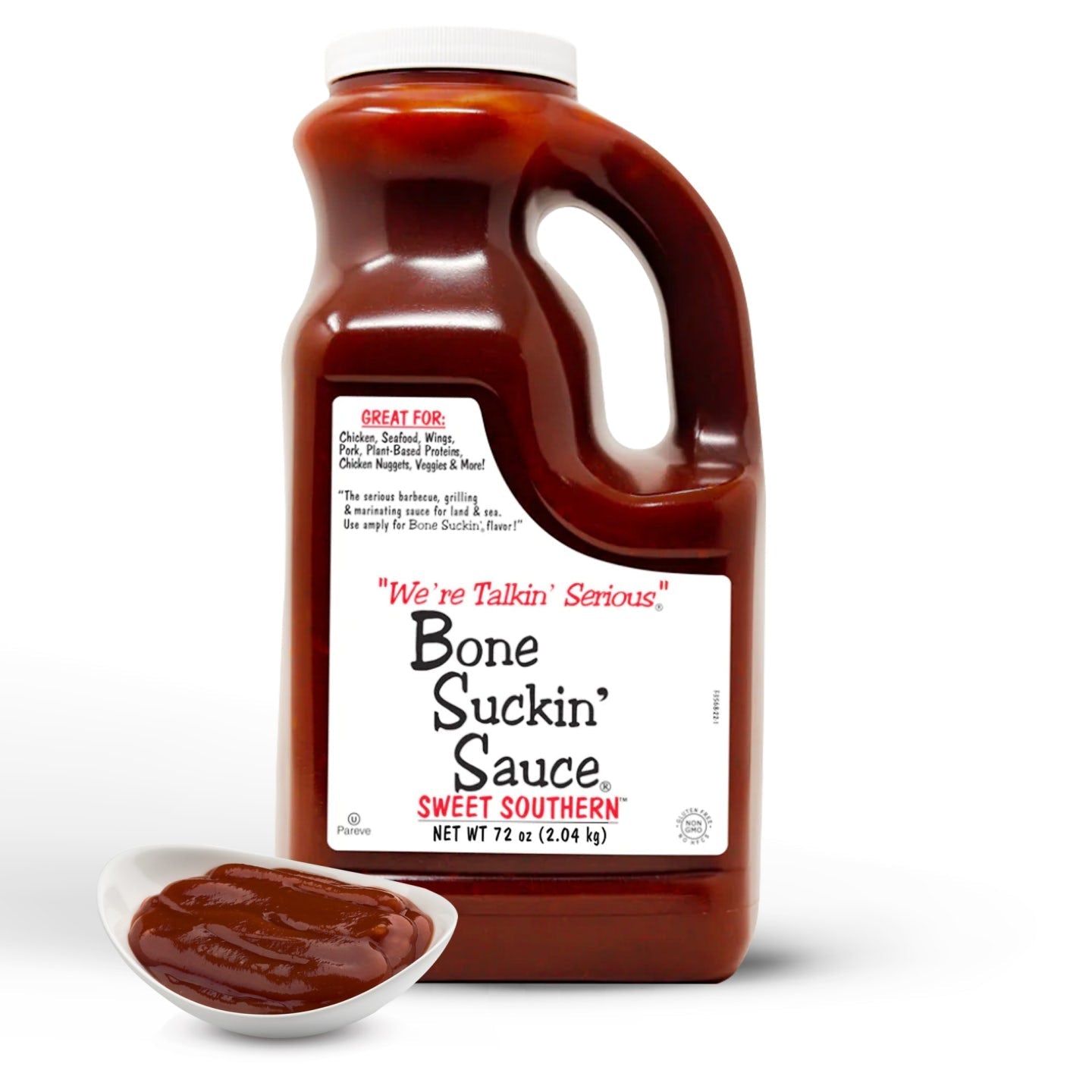 Bone Suckin' Sauce®, Sweet Southern® 72 oz. Based on our award winning family recipe, our Bone Suckin’ Sauce®, Sweet Southern™ is guaranteed to please with its sweetness, flavor & just the right amount of spices. Great for grilling & using in the oven. Use amply for that Bone Suckin’ Flavor!