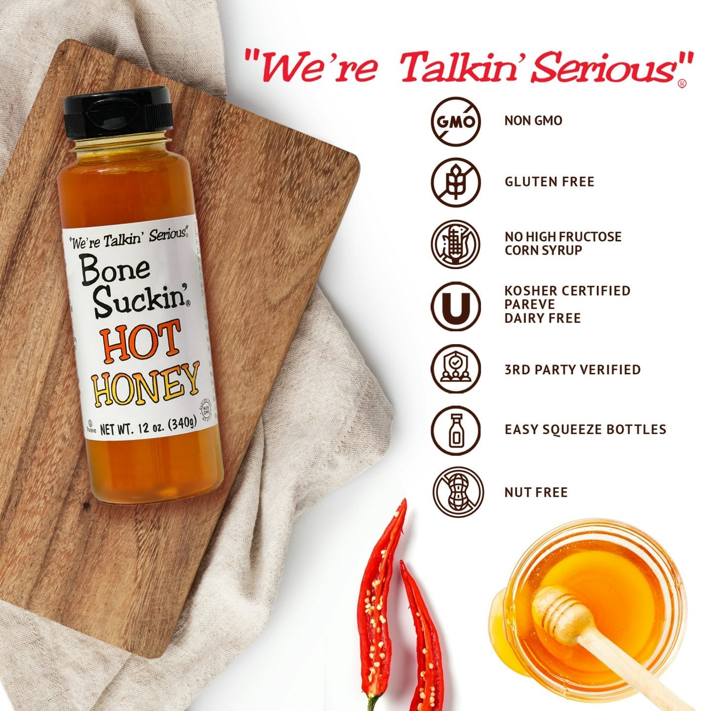 Bone Suckin'® Hot Honey, 12 oz. HIGH-QUALITY INGREDIENTS: Made with high-quality Non Gmo, Kosher, Pareve, Gluten Free, Dairy Free ingredients with No High Fructose Syrup: Bone Suckin' Hot Honey is crafted using the perfect blend of high quality honey, apple cider vinegar, and chili extract, ensuring a delicious sweet, hot & flavorful experience that is great for the whole family!