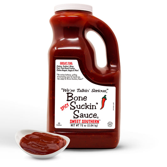 Bone Suckin' Sauce®, Spicy Sweet Southern® 6/72 oz. Barbecue sauce that is 3rd party tested & verified, Made in the USA and beloved by the entire family. This sauce is Non-GMO, Gluten-Free, Kosher and has No High Fructose Corn Syrup.