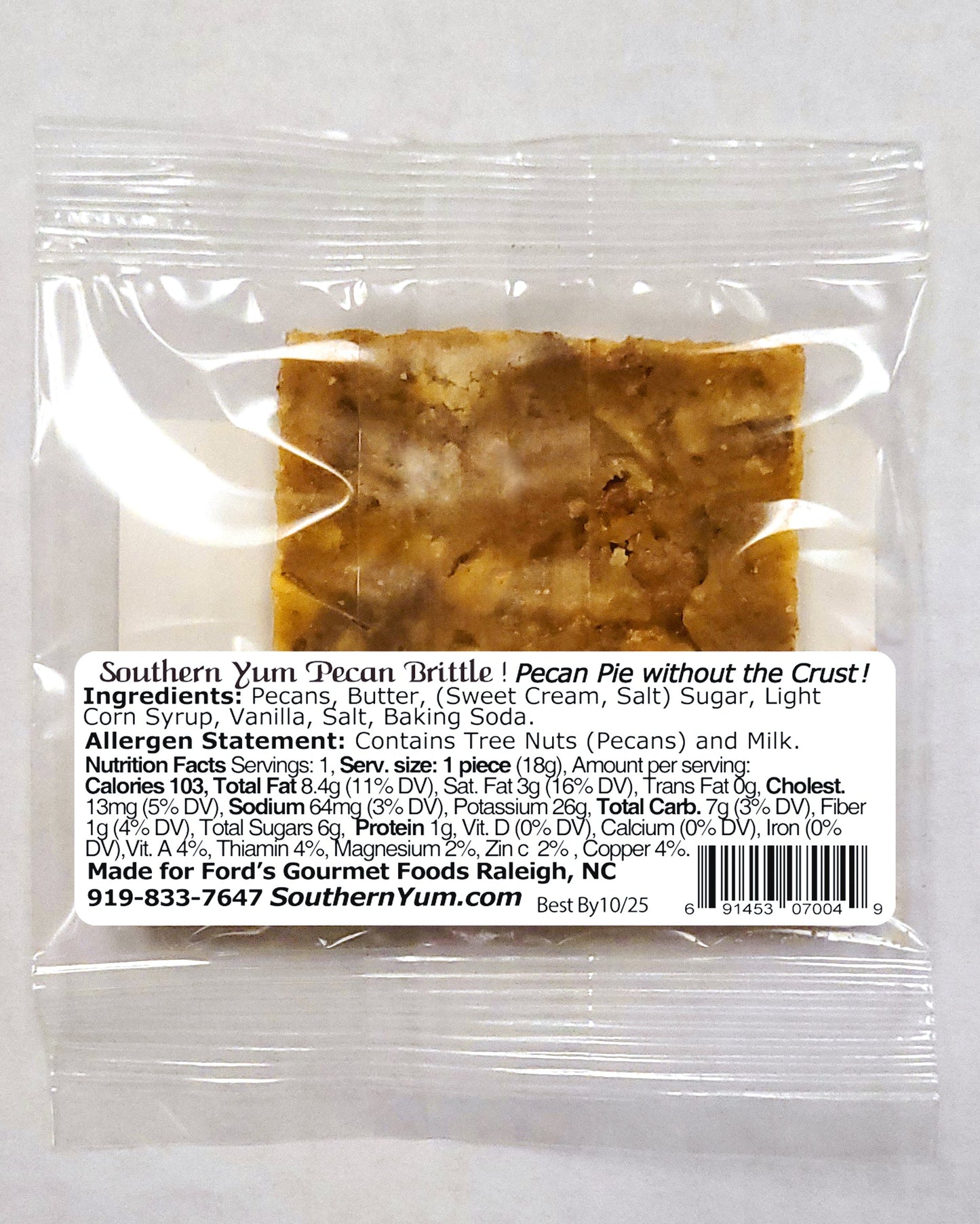 Southern Yum® Pecan Brittle Bar, .64 oz., 24 count  This old fashioned pecan brittle bar is handmade in small batches from North Carolina pecans.  It's The South’s Softest Pecan Brittle!