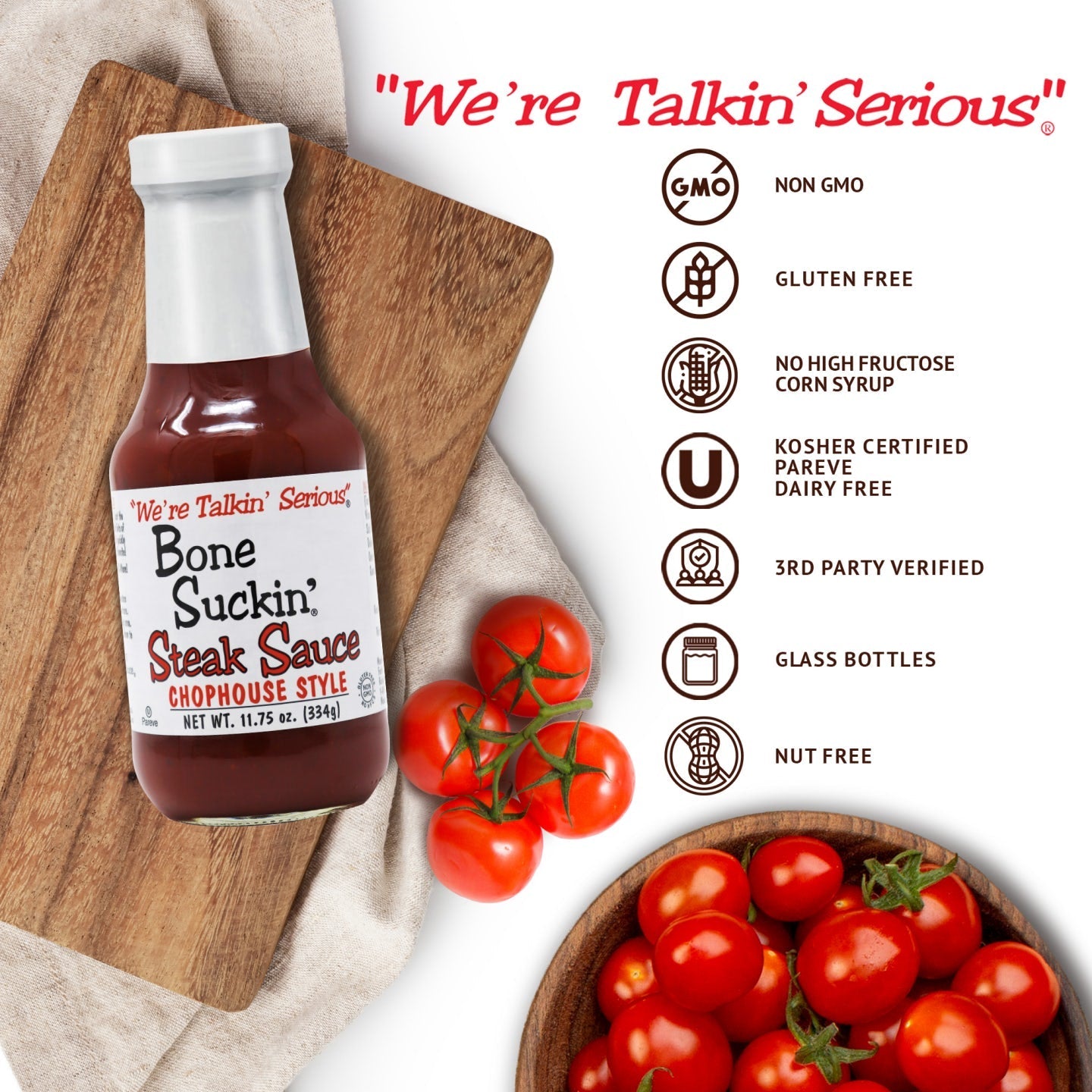 Bone Suckin' Steak Sauce, 11.75 oz Glass Bottle, For Steaks, Burgers, Meatloaf, Pork Chops & Chicken - Tangy, Savory, Light Smoke Flavor With Bits Of Onion & Garlic - Gluten Free, Non-GMO, Kosher, 1 Pc